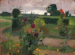 Flower garden with red house