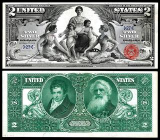 $2 Silver Certificate with reverse depicting Robert Fulton and Samuel Morse