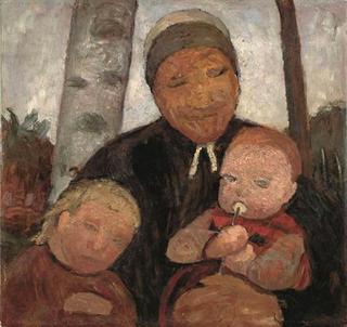 Farm woman with child and baby between birch trees