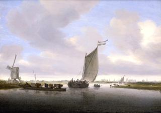 River Landscape with Sailing Boat and a Ferry with Cattle, the city of Leiden Beyond
