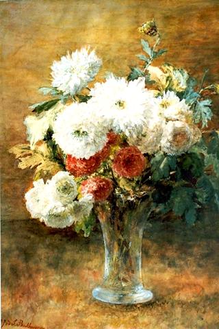 Chrysanthemums and roses in a glass vase
