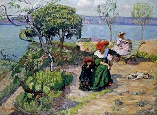 Family in garden by the Lake Berre