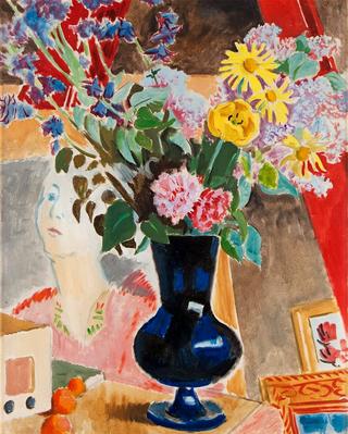Still life with flowers in a blue vase