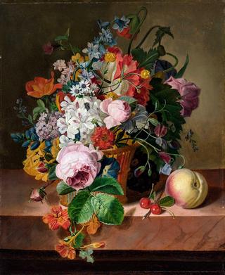 Still life of flowers in a basket with a peach on a ledge