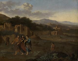 意大利风景与基督和两个门徒在路上以马忤斯