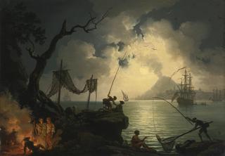 A Nocturnal Mediterranean Coastal Scene, with Vesuvius in the Background