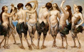 Eight dancing women with bird bodies