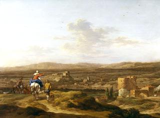 Italian Landscape with Figures and Animals: A Village on a Mountain Plateau