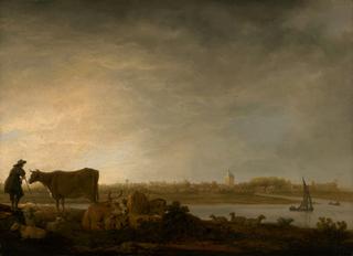 A View of Vianen with a Herdsman and Cattle by a River