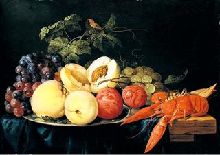 Still Life of Peaches, Plums and a Lobster