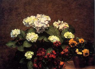 Hydrangeas, Cloves and Two Pots of Pansies
