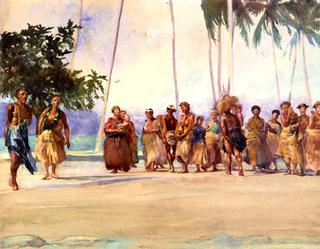 萨摩亚，法加洛亚湾，1890年，陶波人，加塞人，组织带食物礼物的妇女