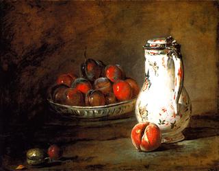 Bowl of Plums, a Peach and Water Pitcher