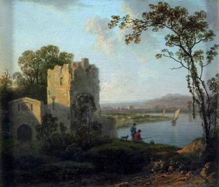 风景：河岸上有两个人钓鱼的塔