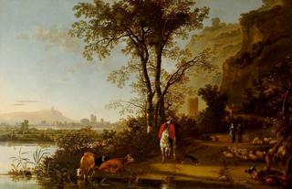 Landscape with Horsemen, Figures and Cattle