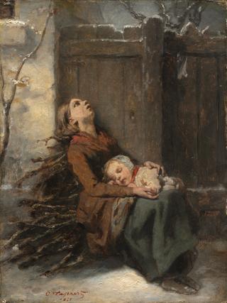 寒冬抱着熟睡的孩子的穷母亲