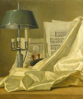 A still life with a bouillette lamp, a sheet of music, a violin and a white satin cloth on a ledge