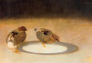 Two chicks with a tin plate