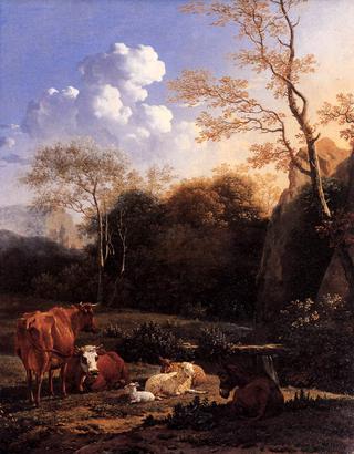 Cows and Sheep by a Stream