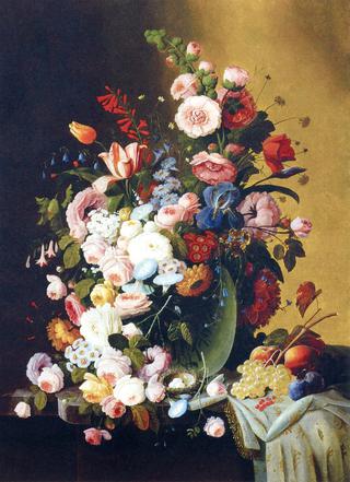 Flowers in a Glass Pitcher with Bird's Nest and Fruit