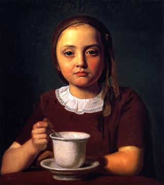 一个小女孩的肖像，伊莉丝Købke，她面前有一个杯子