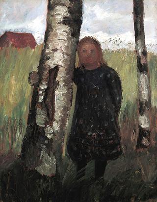Girl on birch trunk in front of corn field
