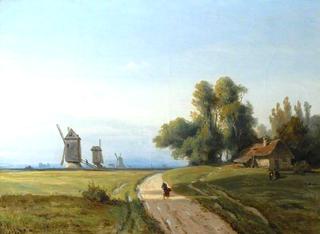Landscape with Trees and a Cottage, Windmills in the Distance
