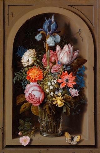 A Still Life of Flowers in a Glass Beaker set in a Marble Niche