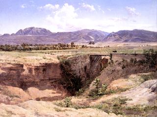 Vista de la montaña del Ajusco y pueblo de San Ángel, desde la Barranca del Muerto