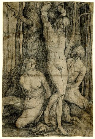 The three prisoners, three naked men bound to a tree