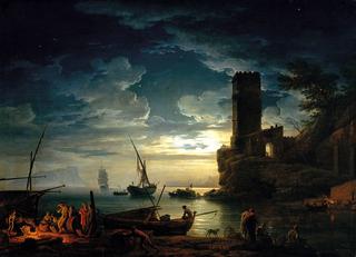 Night, Mediterranean Coast Scene with Fishermen and Boats