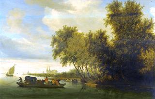 A river landscape with a ferry boat and a distant view of Deventer