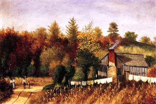 Autumn Scene in North Carolina with Cabin, Wash Line, and Cornfield