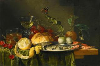 Still life of a Glass of Wine with Grapes, Bread, a Glass of Beer, Fruit, etc.