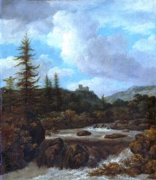Landscape with a waterfall near a castle
