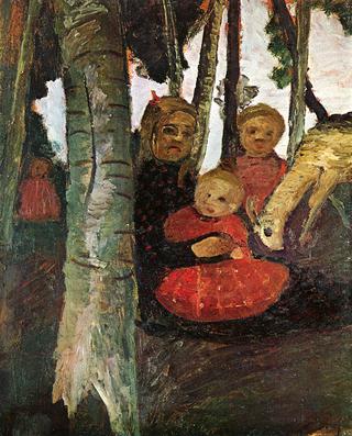 Three Children with goat in the birch forest