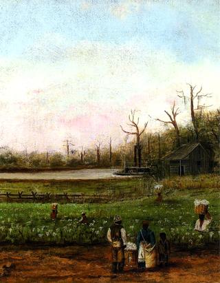 Cottonfield with Bayou, Steamboat, Road, Cabin and Fieldhands