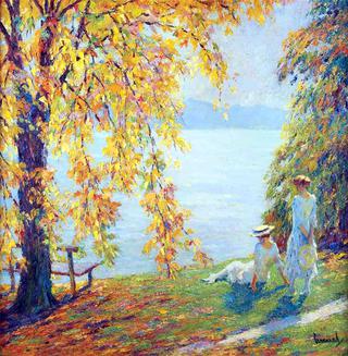 Two Girls in White Beside a Lake in Autumn