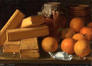 Oranges, nuts, spices, boxes of sweetmeats, a jug and a cask on a table