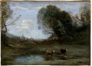 早晨：两头母牛和一个身影的风景