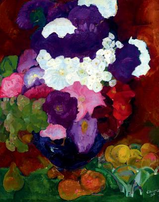 Flowers in a Blue Vase with Fruit in a Glass Bowl