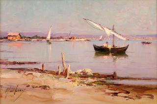 Coastal scene with fishing boats