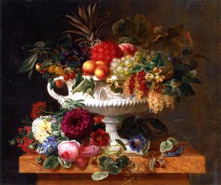 A Classical Urn with Gooseberries, Apricots, Currents, Cherries, Peaches and Pineapple ...