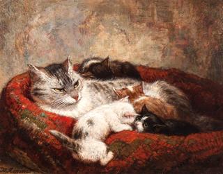 mother cat with four kittens