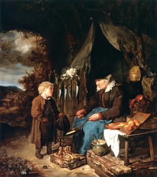 An Old Woman Baking Pancakes, with a Boy