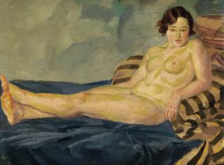 Reclining Female Nude on Blue and Striped Blankets