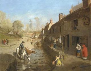 Figures by a Village Stream with Figures by Terraced Houses