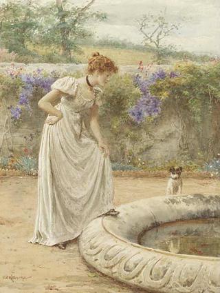 A lady and her dog looking into a fish pond