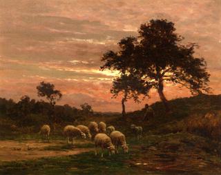 Shepherd and His Flock at Sunset
