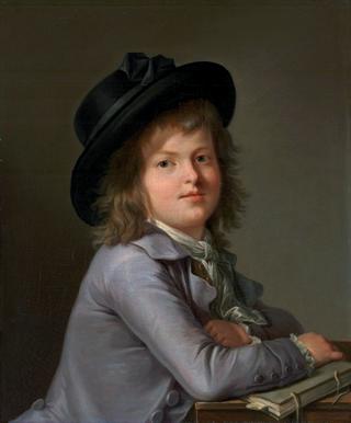 Portrait of a Boy, in a Black Hat, Leaning on a Portfolio